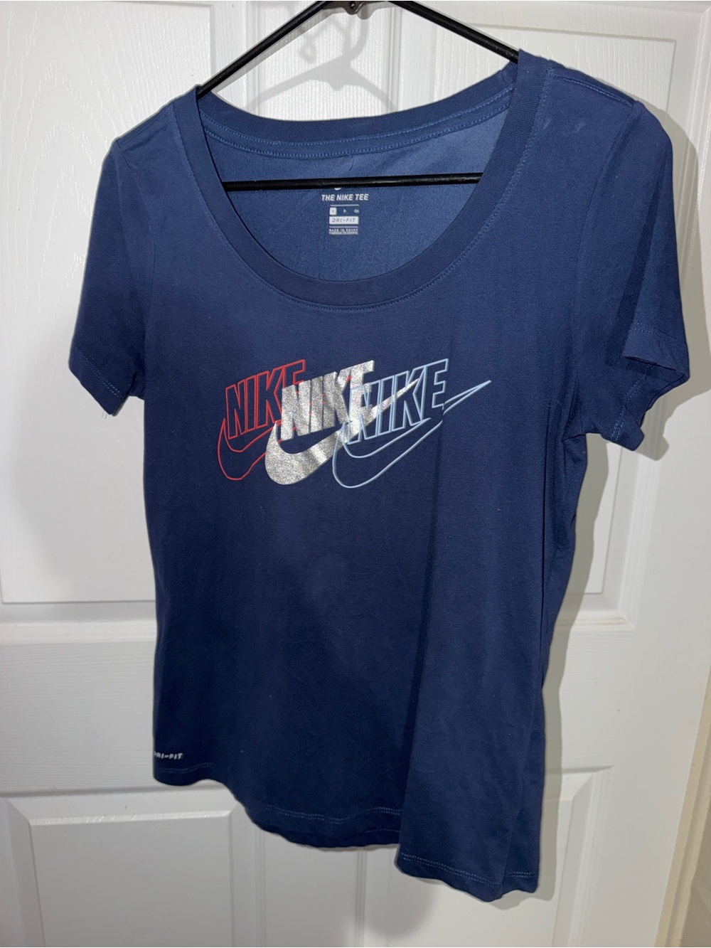Nike Navy Short Sleeve Graphic Logo Tee with Red and Silver Accents